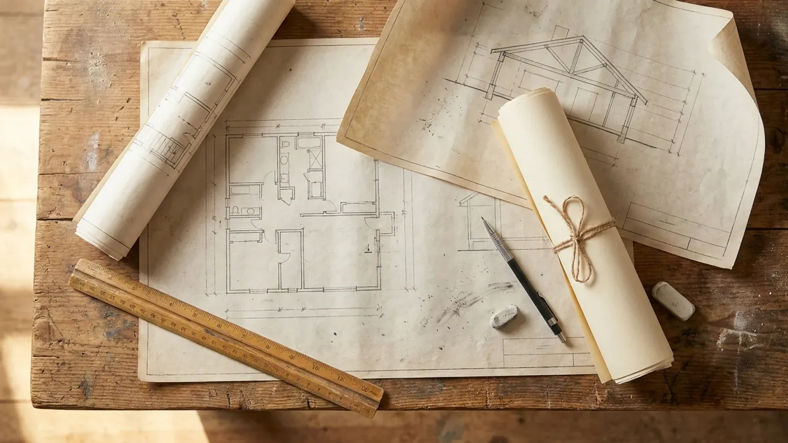 Overhead view of architectural floor plan and structural elevation drawings spread on a workbench with a scale ruler and pencil.